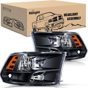 Headlight Assembly 2009 2010 2011 2012 2013 2014 2015 2016 2017 2018 Ram 1500 2500 3500 Pickup Quad Headlamp Assembly Replacement Black Housing Amber Corner Clear Lens,(Only for Quad Models)