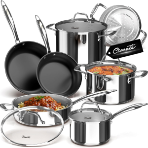 11-Piece Stainless Steel Pots and Pans Set Non Stick, Tri-Ply Stainless Steel Cookware Set, Induction Kitchen Cookware Sets with Steamer Insert & Stay-Cool Handles, Dishwasher, Oven Safe