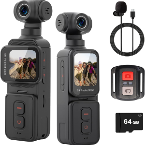 5K Vlogging Camera with Touch Screen, Pocket Action Cam Wi-Fi Body POV Camera with Electronic 270 Rotating Lens, Face Tracking, Remote Control, External MIC, 64GB Card