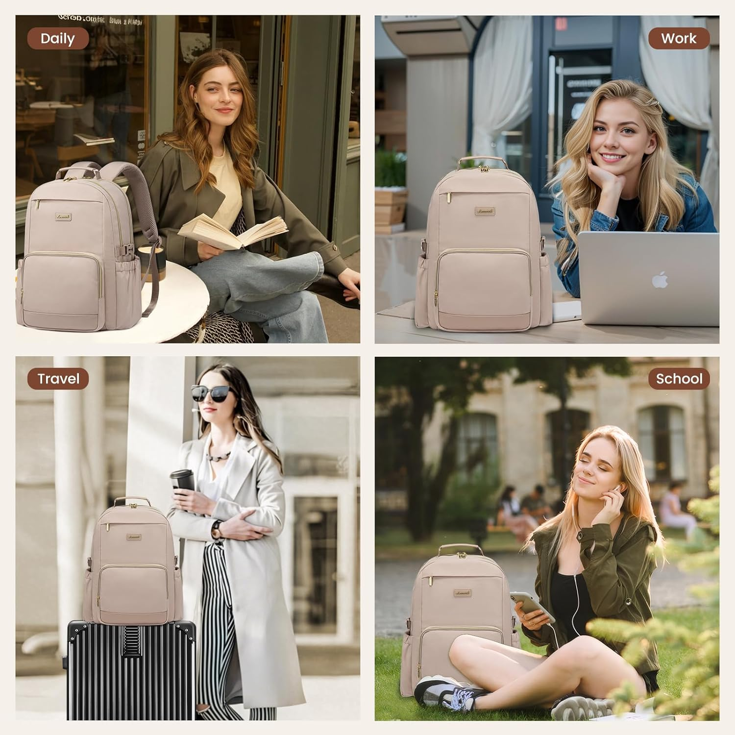 Laptop Backpack for Women with Pouch Pocket for Large Capacity Cup,15.6 Inch Laptop Computer Bag Travel Backpack Purse,Waterproof Work Business Backpack College Teacher Bags,Nude - Image 7