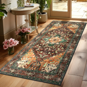 Washable Runner Rug, 3X6 Non-Slip Boho Vintage Hallway Rug with Rubber Backing, Low Pile Faux Wool Distressed Carpet Runner for Bedroom, Kitchen, Laundry, Entrance