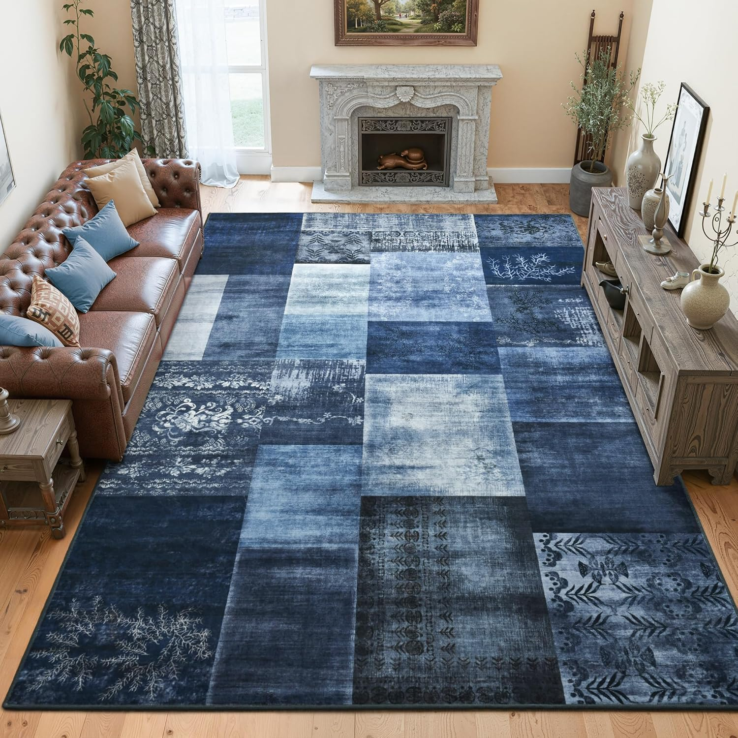4X6 Blue Area Rugs for Living Room, Modern Large Geometric Rug for Bedroom, Washable Patchwork Rug Indoor Non Slip Throw Carpets for Dining Room Office Farmhouse Home Decor