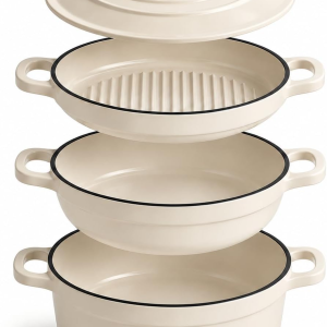 Enameled Cast Iron Dutch Oven Set - 4 Piece Stackable Nesting Cookware Set with Lids, 4.8Qt, 2.6Qt and 1.3Qt Dutch Ovens, Space-Saving Cast Iron Pots and Pans Sets for Sourdough Bread Baking, Slow Cooking, Braising, Roasting and Stews, Cream White