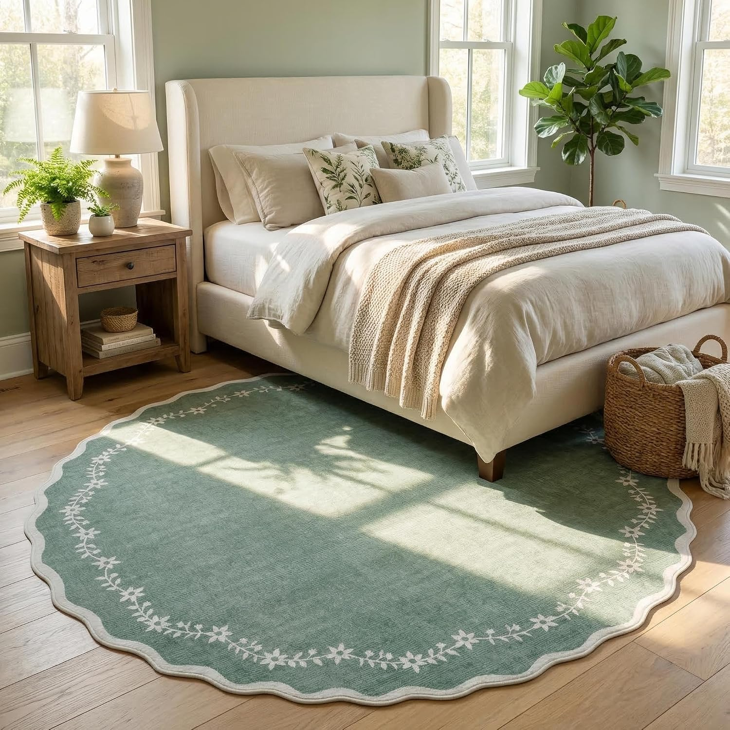 Scalloped round Area Rugs 8Ft for Living Room, Large Sage Green Washable Circle Rug Soft Non Slip Floral Print Floor Mat Carpet Indoor Thin Rug for Bedroom Dining Room Playroom Nursery - Image 8