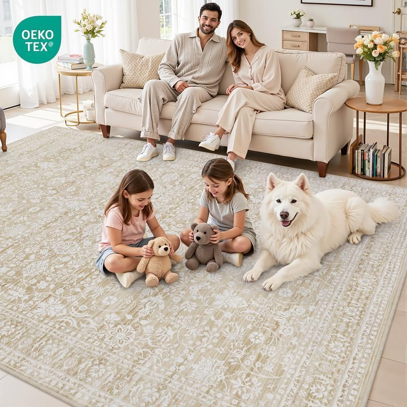 Area Rugs 9X12 Living Room: Vintage Boho Neutral Washable Rug Indoor Soft Large Area Rug Carpet for Bedroom Nursery Farmhouse Dining Room Office Floor Non-Slip Low Pile under Table Natural Beige - Image 7