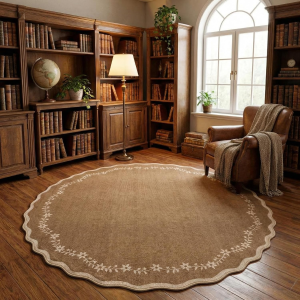 Scalloped round Area Rugs 8Ft for Living Room, Large Solid Brown Washable Circle Rug Soft Non Slip Floral Print Floor Mat Carpet Indoor Thin Rug for Bedroom Dining Room Playroom Nursery