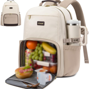 Lunch Backpack with Lunch Compartment,15.6 Inch Laptop Work Travel Insulated Cooler Backpack,Waterproof College Teacher Lunch Bag with Tumbler Holder,Gifts for Men Women,Beige-Nude-Logam Plum