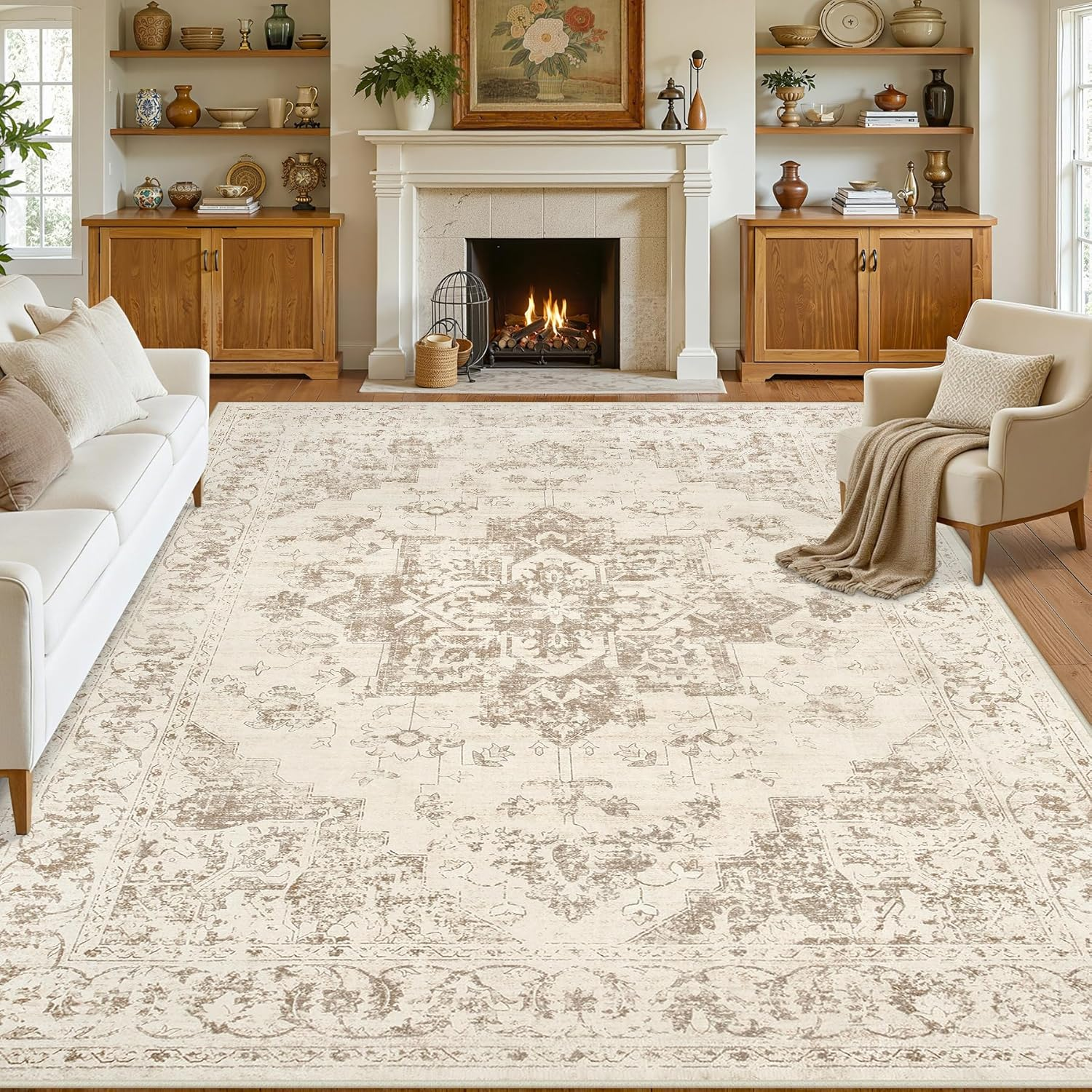 Area Rugs 9X12 Living Room: Vintage Boho Neutral Washable Rug Indoor Soft Large Area Rug Carpet for Bedroom Nursery Farmhouse Dining Room Office Floor Non-Slip Low Pile under Table Rug Beige/Ivory