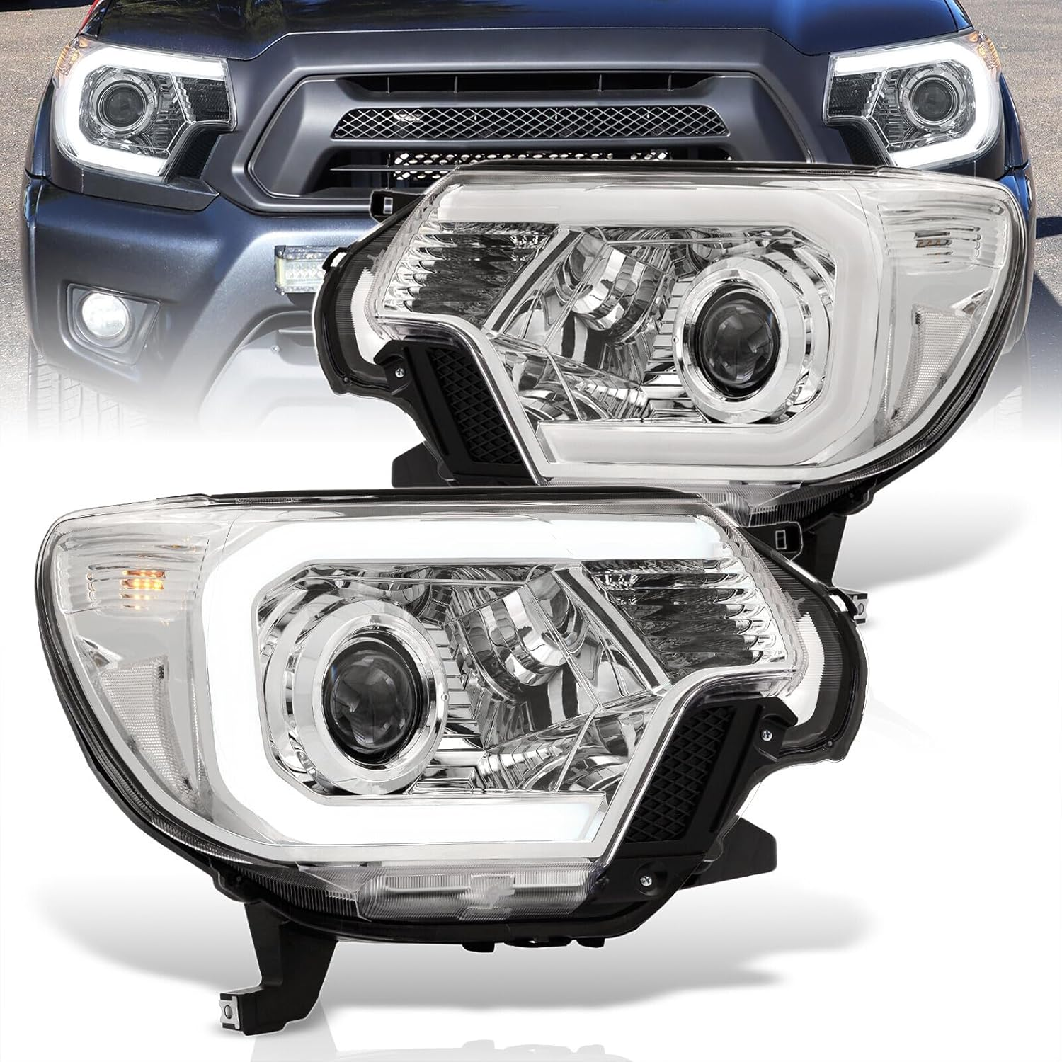 LED DRL Tube Bar Driving Projector Headlights Corner Signal Lamps Headlamps Assembly Pair Left + Right Compatible/Replacement for Tacoma Pickup Truck 2012 2013 2014 2015 12 13 14 15