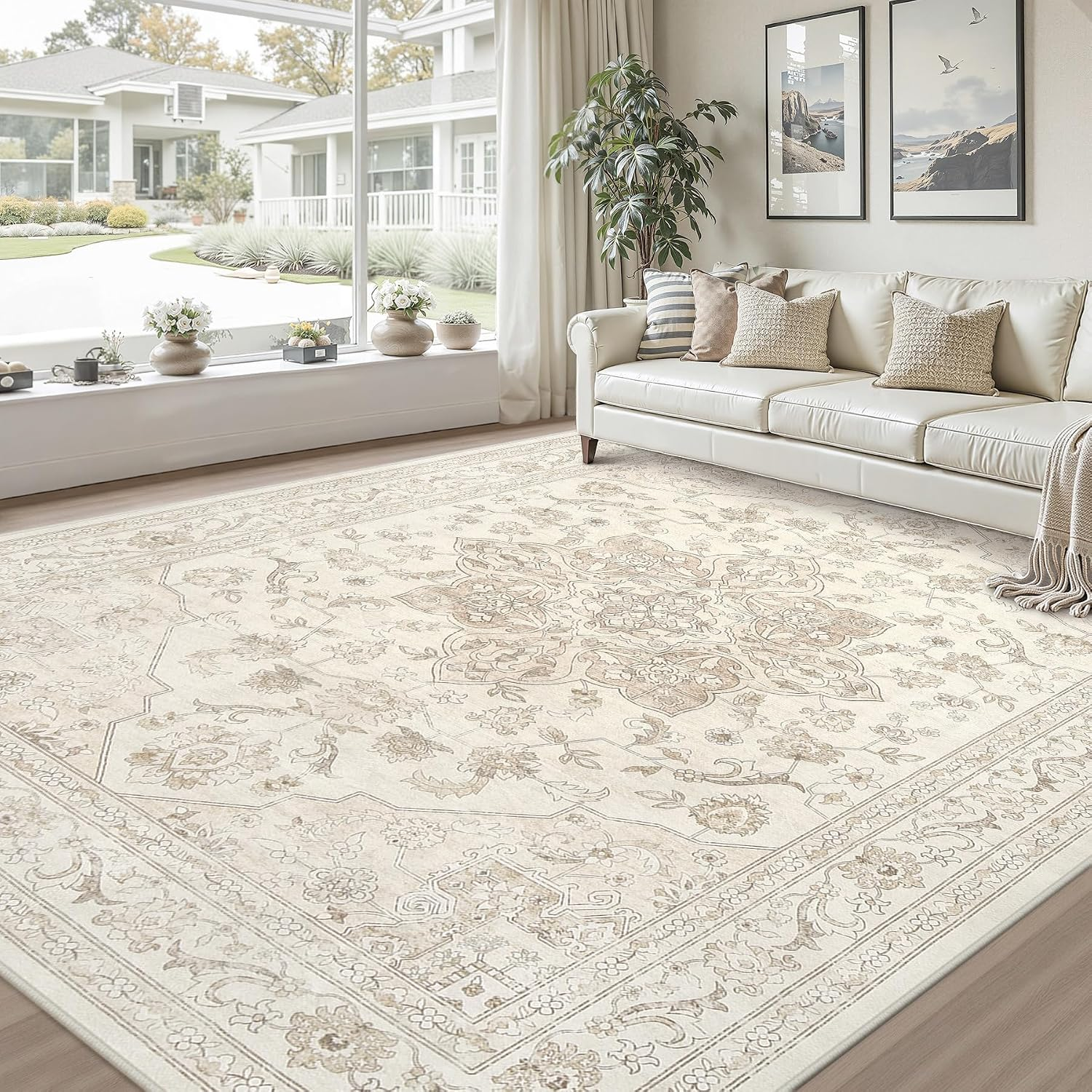 10X14 Area Rug for Living Room: Vintage Boho Neutral Washable Rug Indoor Soft Large Area Rug Carpet for Bedroom Nursery Farmhouse Dining Room Office Floor Non-Slip Low Pile under Table Rug Beige White - Image 9