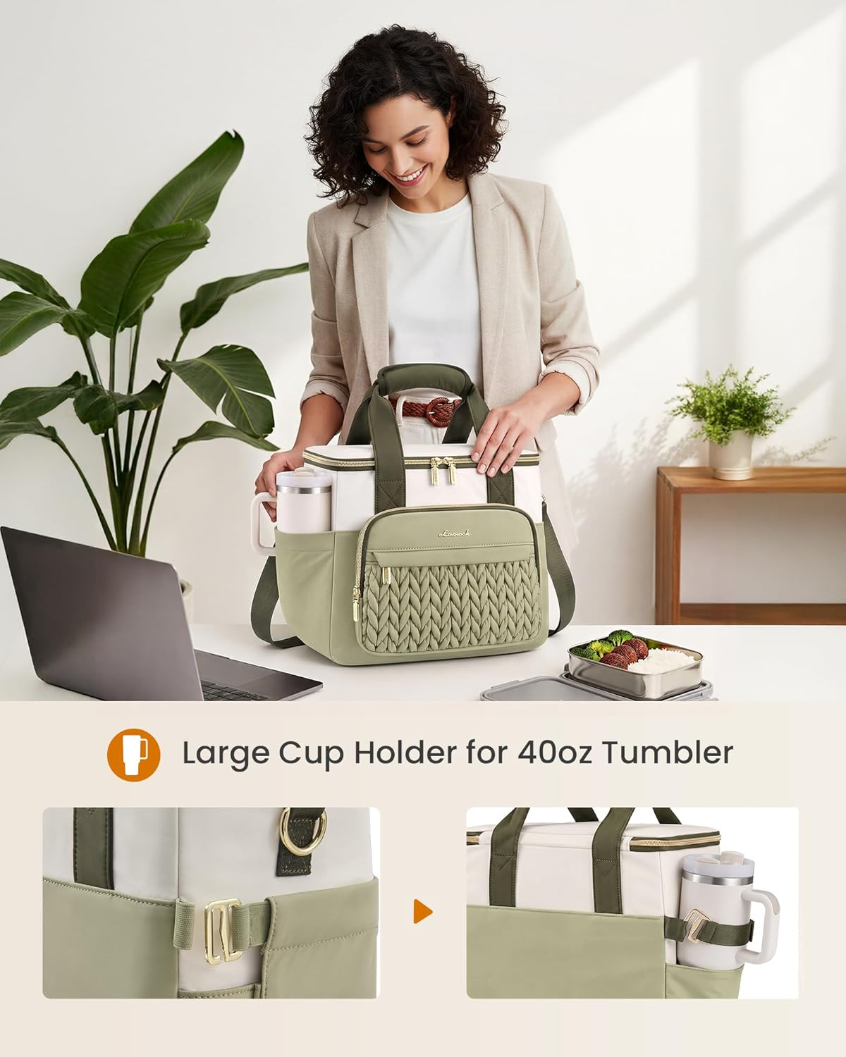 Lunch Bag Women, Insulated Wide Opening Adult Lunch Box for Women Work with Cup Holder, Large Lunch Cooler Tote Bag with Utensils Pocket for Office Campus Picnic Beach Mom Nurse Family - Image 4
