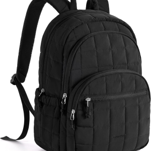 College Laptop Backpack, Travel Backpack for Women, Quilted Casual Daypack, Water-Resistant Bookbag for 15.6 Inch Laptop, Black