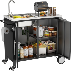 Outdoor Grill Table with Sink, Grill Cart with 304 Stainless Steel Sink and Cabinet, Outdoor Grill Cart,Outdoor Cart Sink Station with Wheels, 38In X 18In X 35In