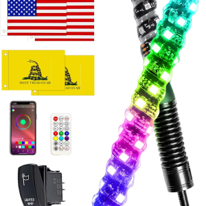 2PCS 3FT Whip Lights with Spring Base, Whip Lights for Side by Side with App & Remote Control, Spiral RGB Chasing Lighted Antenna Whips, Music LED Whip Light for ATV UTV RZR SXS Can-Am