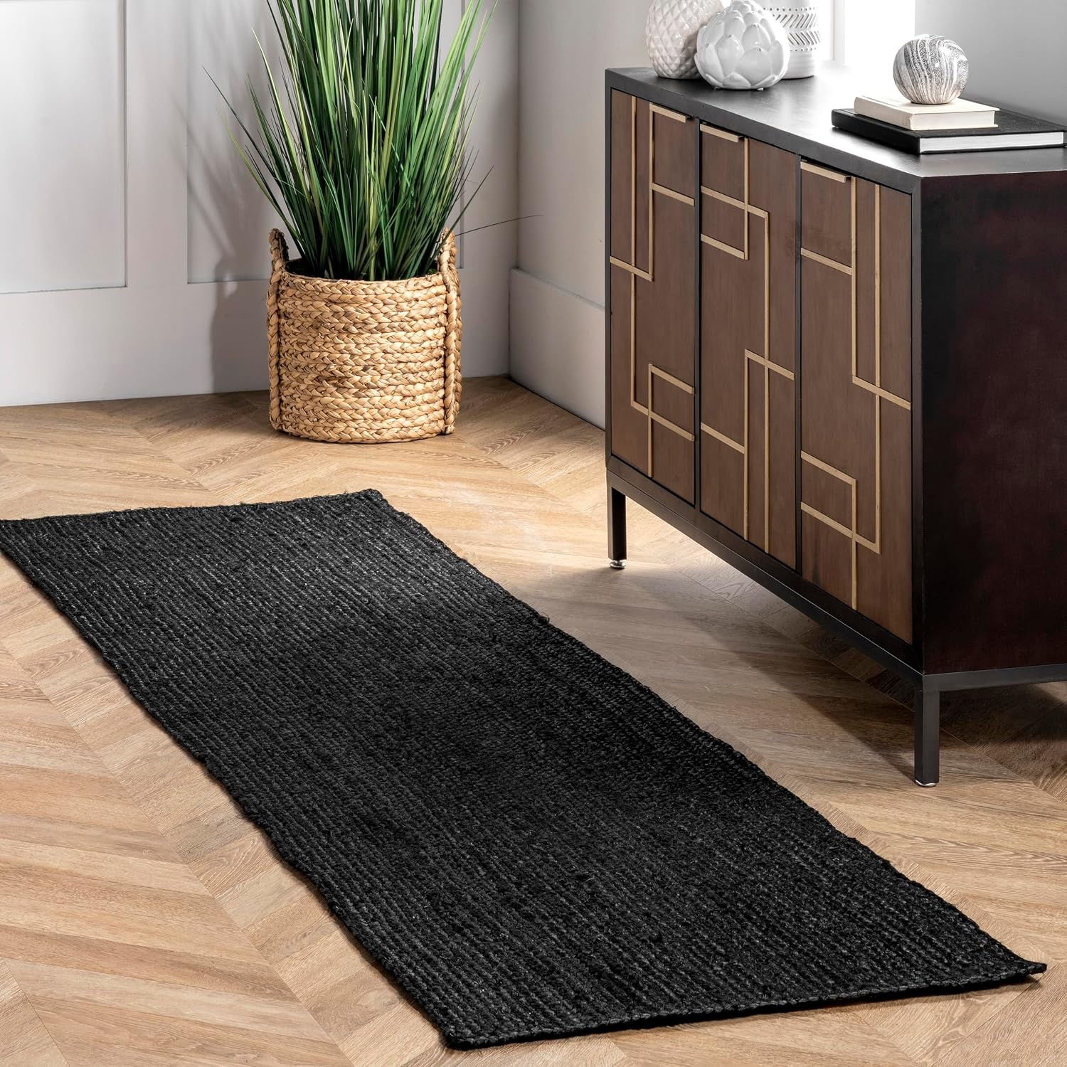 2X6 Rigo Jute Hand Woven Area Rug, Black, Solid Farmhouse Design, Natural Fiber, for Bedroom, Living Room, Dining Room, Hallway, Office, Kitchen, Entryway