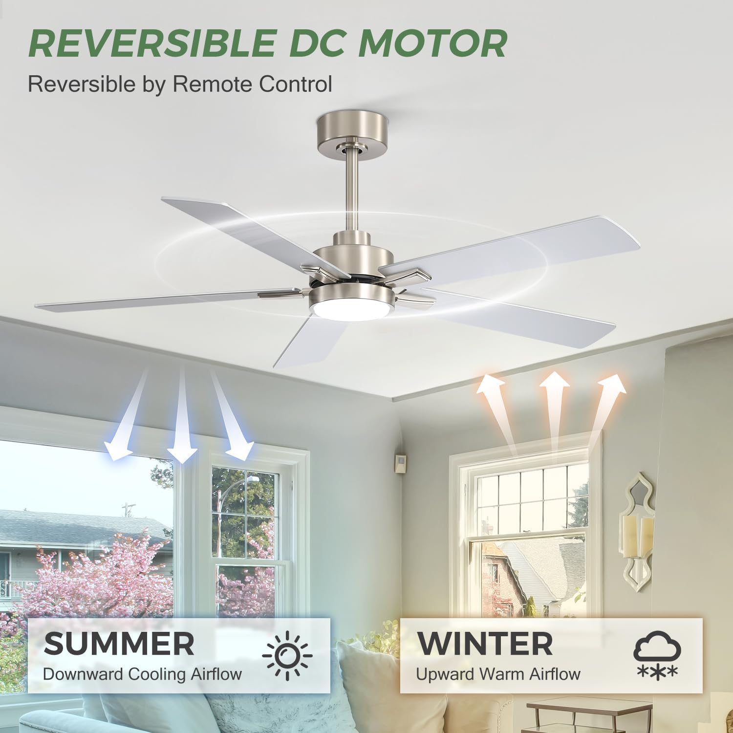 Ceiling Fans with LED Lights, 52 Inch 5-Blade Ceiling Fan Remote Control, Industrial Ceiling Fan with Reversible DC Motor, Downrod Mount LED Ceiling Light Chandelier for Bedroom (Satin Nickel) - Image 4