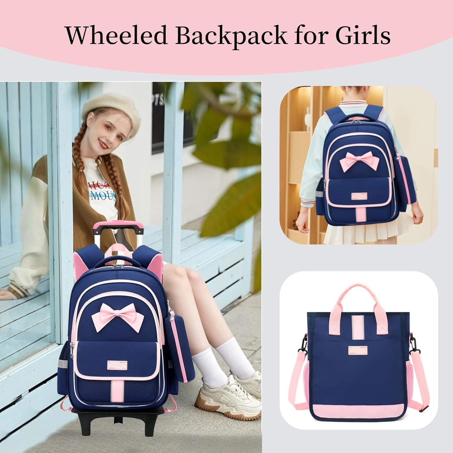 Rolling Backpack for Girls 3Pcs Elementary School Bag Cute Bowknot Backpack with Wheels Girls Bookbags with Handbag Trolley Bags Kids Carry-On Luggage - Image 3