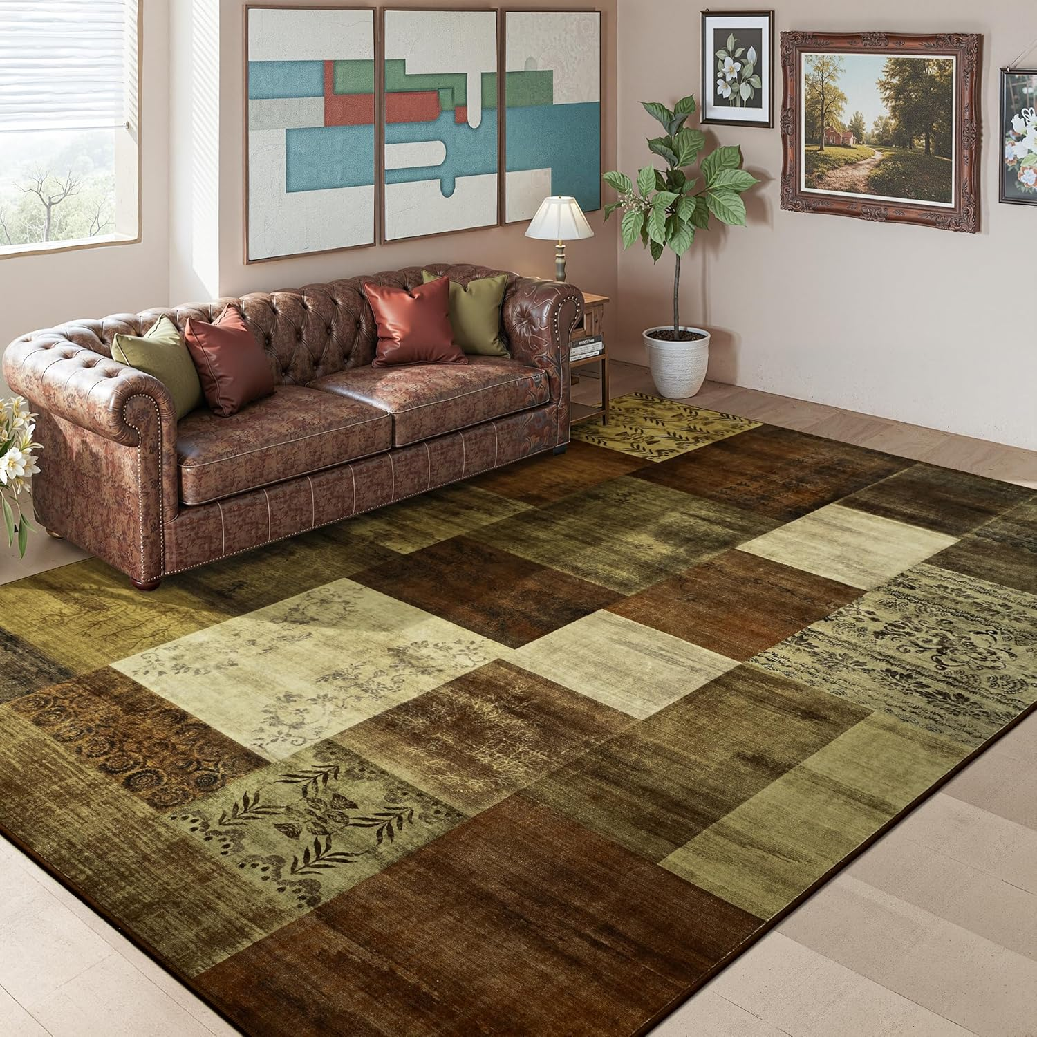 9X12 Area Rugs for Living Room, Washable Large Geometric Brown Bedroom Rug, Modern Patchwork Carpet Indoor Non Slip Throw Rug for Dining Room Office Home Decor - Image 2