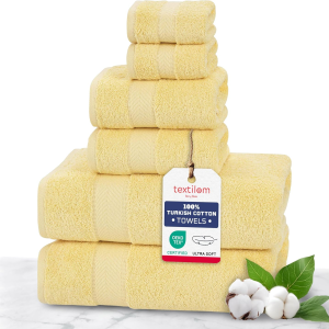 100% Turkish Cotton 6 Pcs Bath Towel Set, Luxury Bath Towels for Bathroom, Soft & Absorbent Bathroom Towels Set (2 Bathtowels, 2 Hand Towels, 2 Washcloths)- Yellow