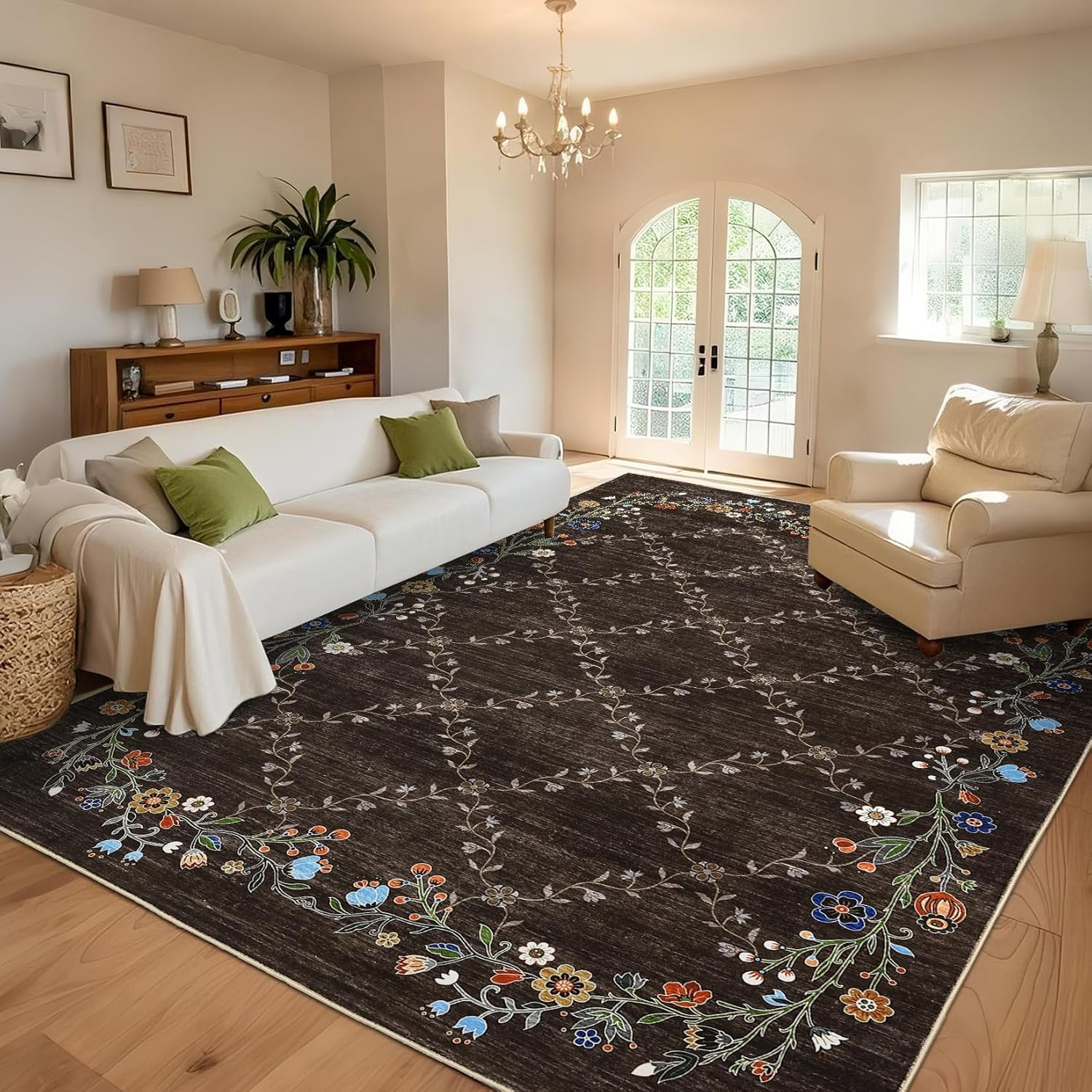 8X10Ft Floral Washable Area Rug, Brown Vintage Boho Low Pile Non Slip, Soft Indoor Large Rug for Living Room, Bedroom, Dining Room, Office - Image 2