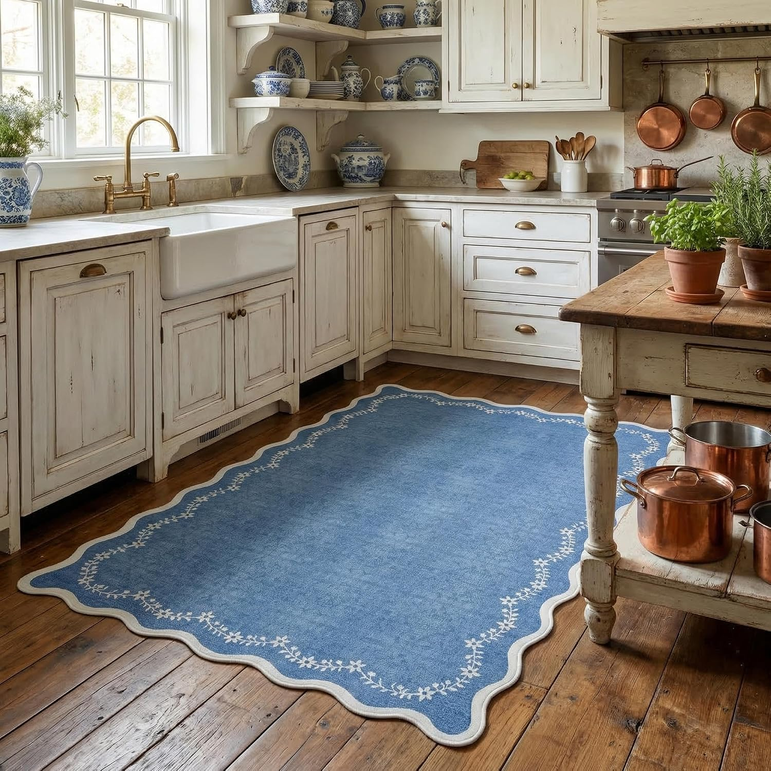 3X5 Scalloped Washable Area Rug for Bedroom,Soft Solid Navy Entryway Rug Non Slip Low Pile Carpet Stain Resistant Throw Rug for Bedside Kids Room Office Dining Room - Image 2