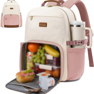 Lunch Backpack with Lunch Compartment,15.6 Inch Laptop Work Travel Insulated Cooler Backpack, Waterproof College Teacher Lunch Bag Box with Tumbler Holder,Gifts for Men Women,Beige-Pink-Brown