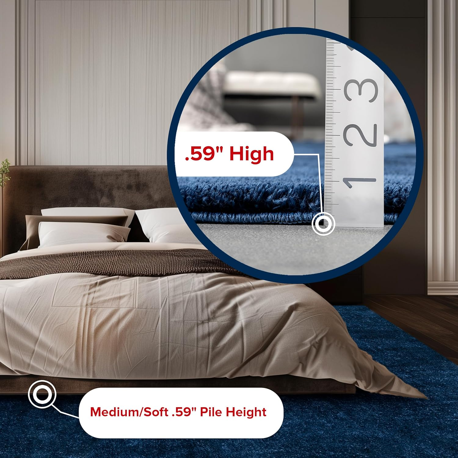 4' Square Cozy Plush Area Rug, Machine Washable, Non-Slip, Soft Fluffy Shag Carpet for Living Room Bedroom Kids Room Nursery Home Decor, Loni Navy - Image 2