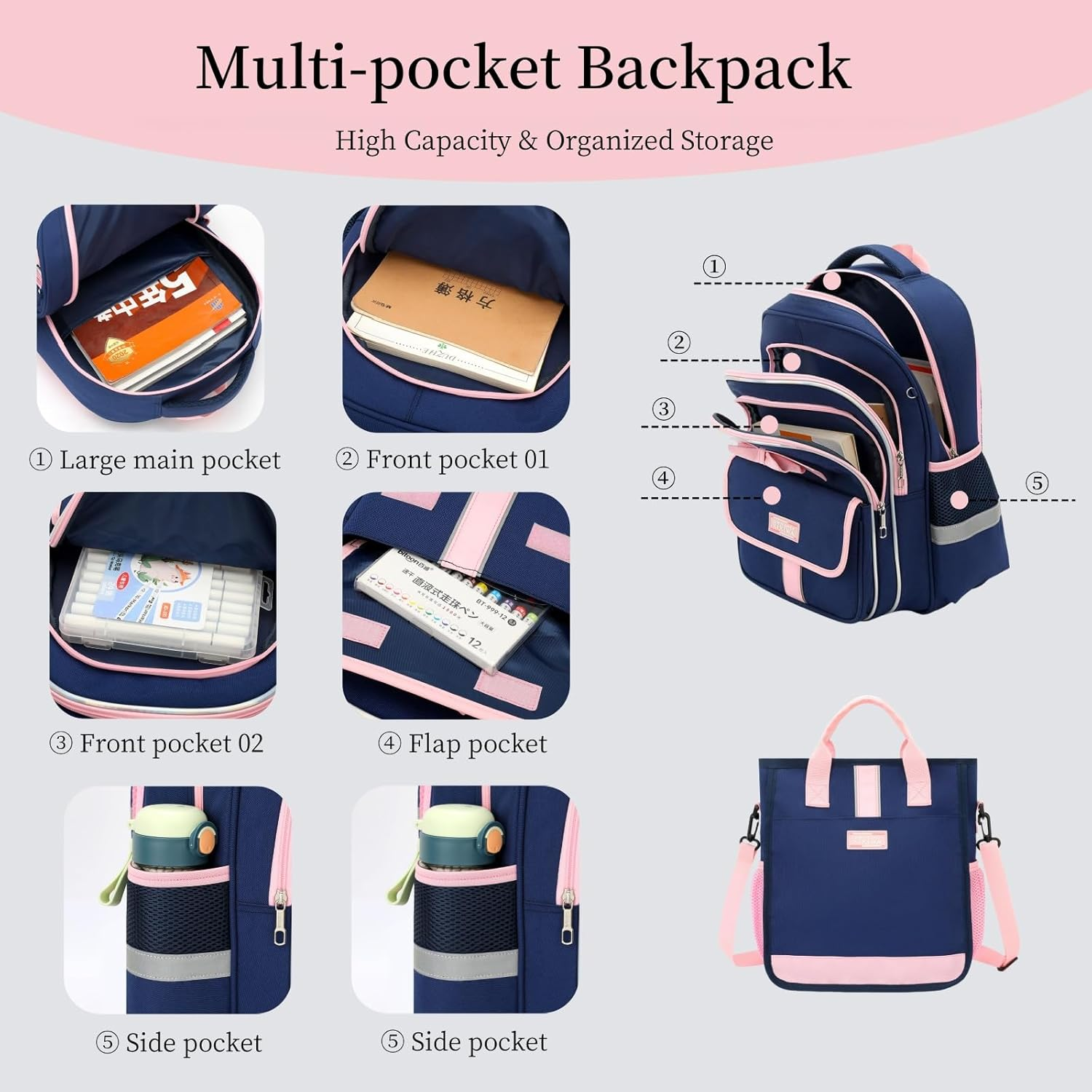 Rolling Backpack for Girls 3Pcs Elementary School Bag Cute Bowknot Backpack with Wheels Girls Bookbags with Handbag Trolley Bags Kids Carry-On Luggage - Image 4