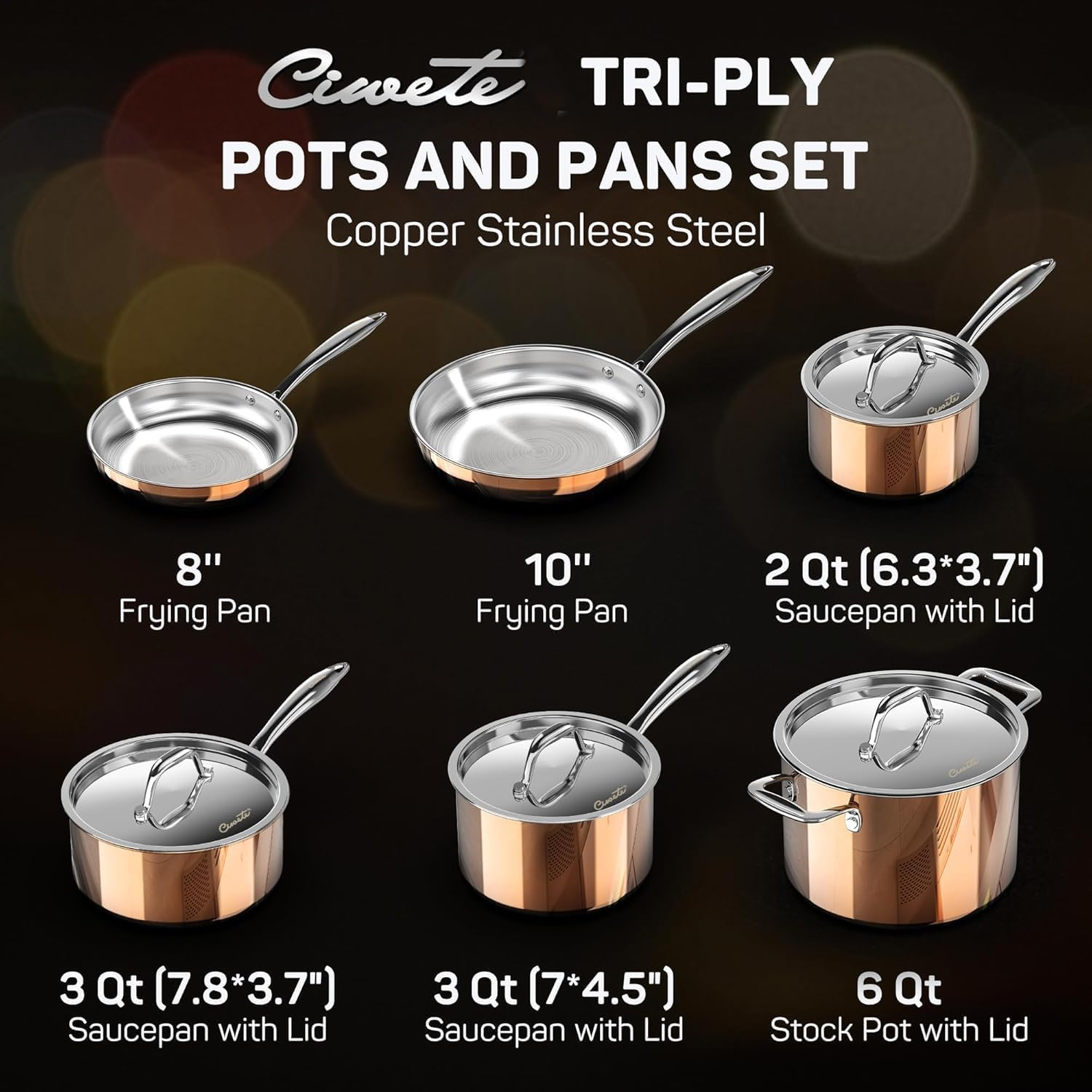 Whole Tri-Ply 18/10 Stainless Steel Cookware Set, 10 Pcs Elegant Copper Pots and Pans Set, Induction Cookware, Frying Pans, Saucepans & Stock Pot with Lid, Ideal Gift for Wedding, Housewarming - Image 7