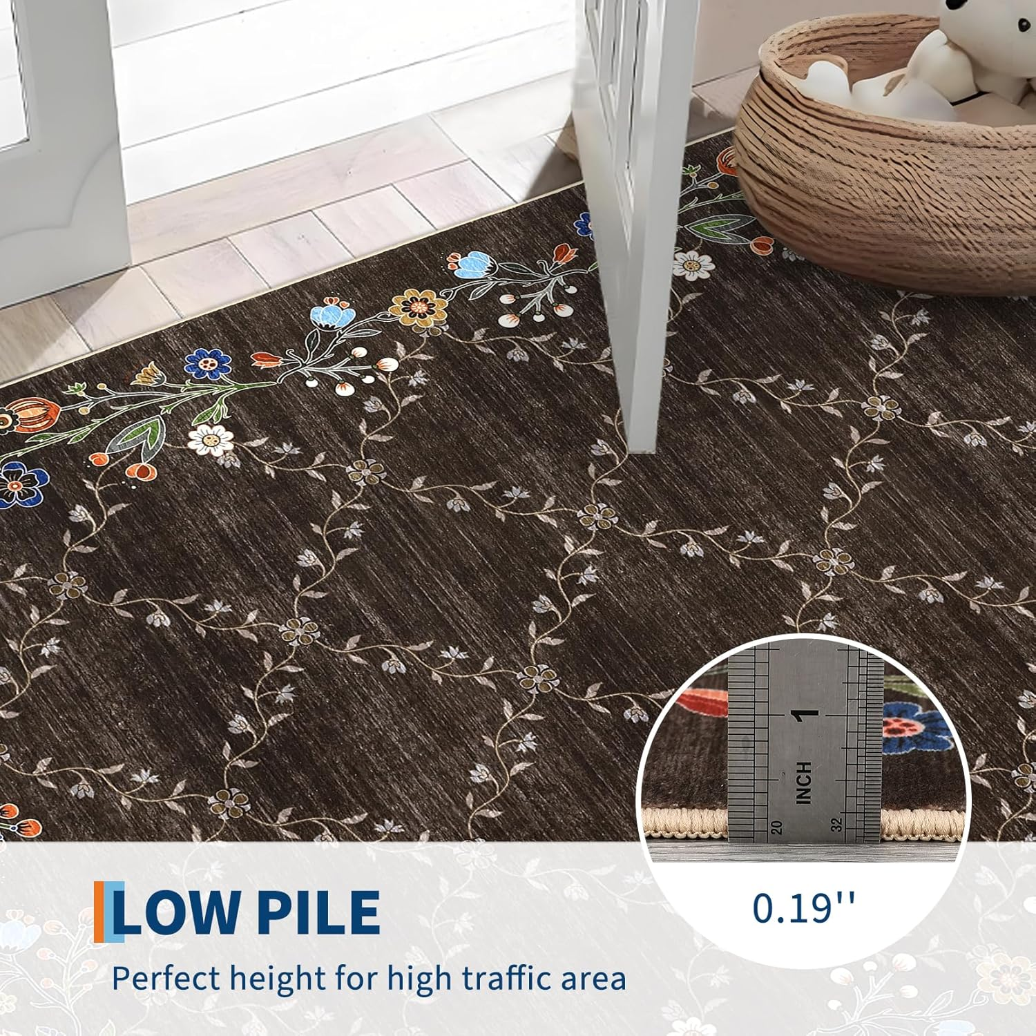 8X10Ft Floral Washable Area Rug, Brown Vintage Boho Low Pile Non Slip, Soft Indoor Large Rug for Living Room, Bedroom, Dining Room, Office - Image 6