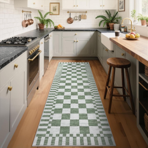 2×6 Kitchen Runner Rug Non Slip,Sage Green Checkered Rug, Washable Runner Rug for Hallway Soft Low-Pile Geometric Modern Rugs for Entryway