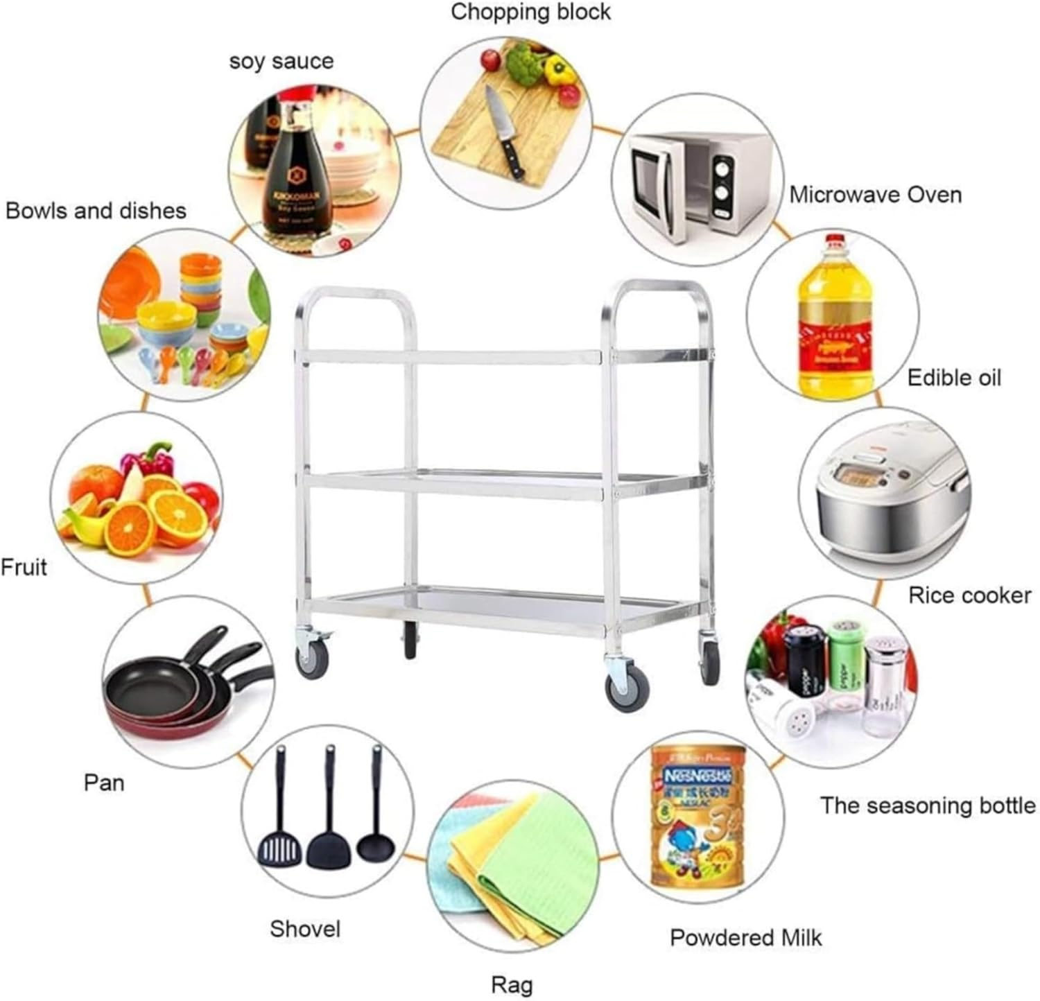 3 Tier Stainless Steel Utility Cart L30 X W16 X H33 Inch Kitchen Rolling Carts with Wheels Serving Trolley Catering Storage Shelf with 2 Lockable Wheels for Hotel Restaurant Home Use - Image 7