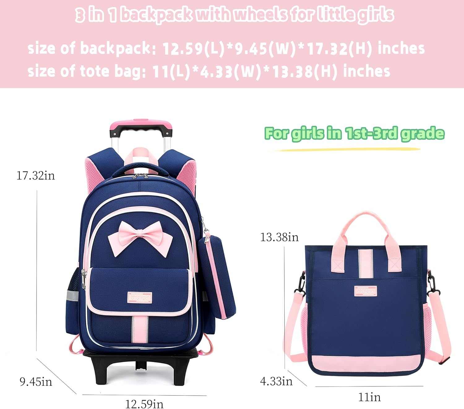 Rolling Backpack for Girls 3Pcs Elementary School Bag Cute Bowknot Backpack with Wheels Girls Bookbags with Handbag Trolley Bags Kids Carry-On Luggage - Image 2