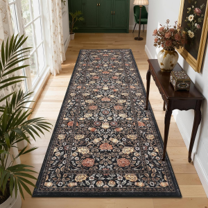 Brown Black 2.5X8 Runner Rug Washable Kitchen Rugs Non Slip Vintage Floral Boho Long Rug for Hallways Bedroom Entryway Bathroom Mat TPE Backing