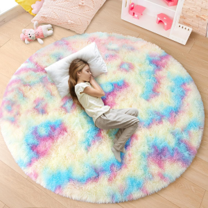 round Rug 3X3 Feet Fluffy Soft Area Rugs for Kids Girls Room Princess Castle Plush Shaggy Carpet Cute Circle Nursery Rug for Kids Girls Bedroom Baby Room Home Decor Circular Carpet,Rainbow