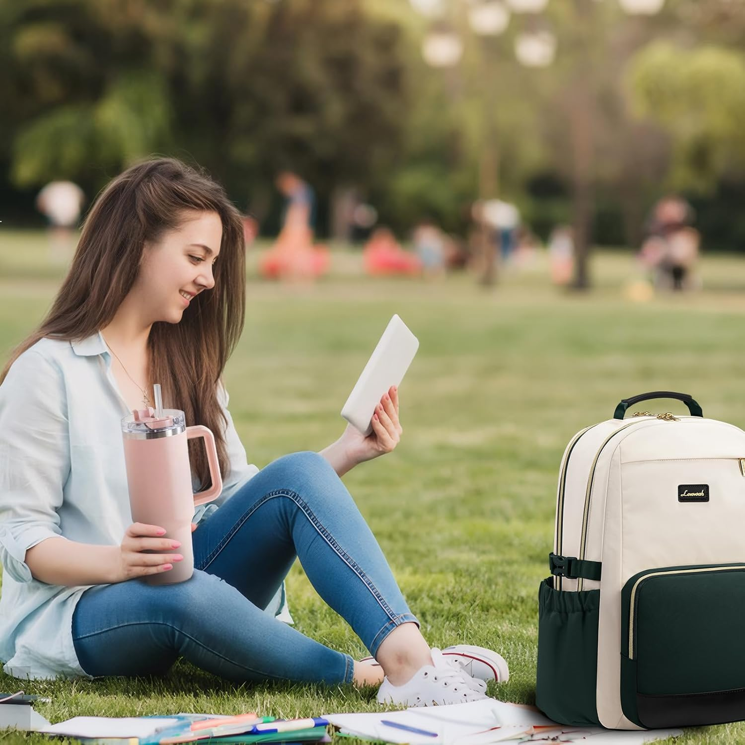 Laptop Backpack for Women with Pouch Pocket for Large Capacity Cup,15.6 Inch Teacher Nurse College Work Backpack Purse,Waterproof Laptop Bag Computer Back Pack for Travel, Beige-Green-Black - Image 2