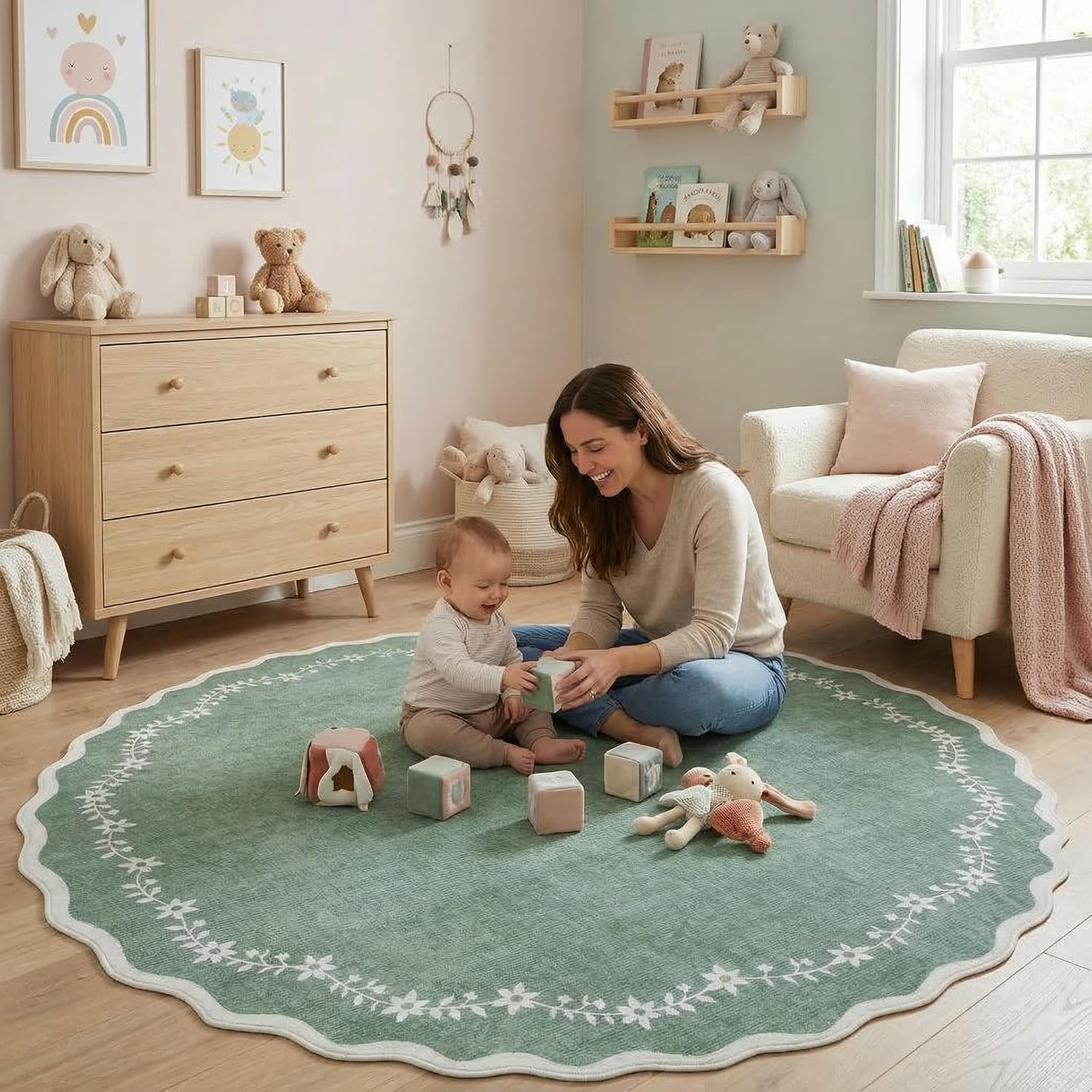 Scalloped round Area Rugs 8Ft for Living Room, Large Sage Green Washable Circle Rug Soft Non Slip Floral Print Floor Mat Carpet Indoor Thin Rug for Bedroom Dining Room Playroom Nursery - Image 3