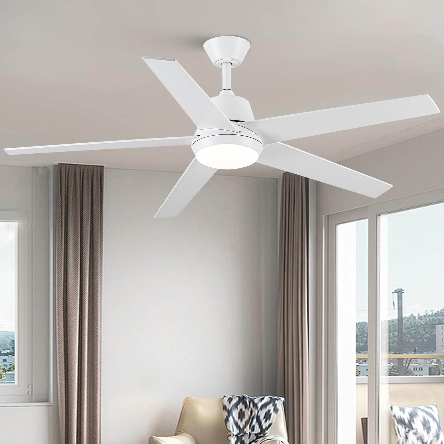Ceiling Fans with Lights and Remote - 52 Inch Modern Cooling Fan with Noiseless Reversible DC Motor Timer White Ceiling Fan for Bedroom Living Room Dining Room