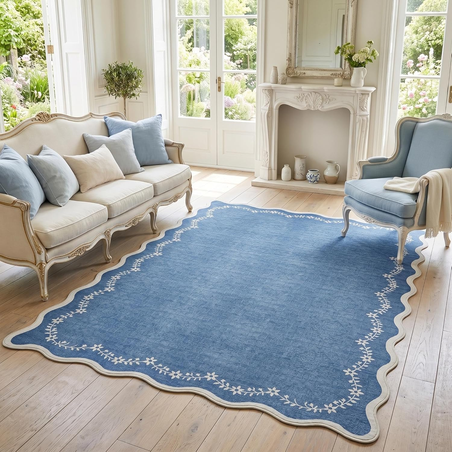 5X7 Scalloped Area Rug Navy Blue Washable Rugs for Living Room Bedroom, Soft Low Pile Non Slip Accent Floor Mat Solid Floral Print Throw Rug Indoor Carpet for Dorm Playroom