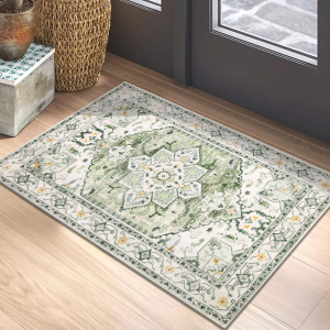 Washable Area Rug, 2X3 Small Entryway Rug Non-Slip Boho Vintage Rug with Rubber Backing, Low Pile Faux Wool Soft Distressed Floor Carpet for Indoor Door Mat, Kitchen, Laundry Bathroom