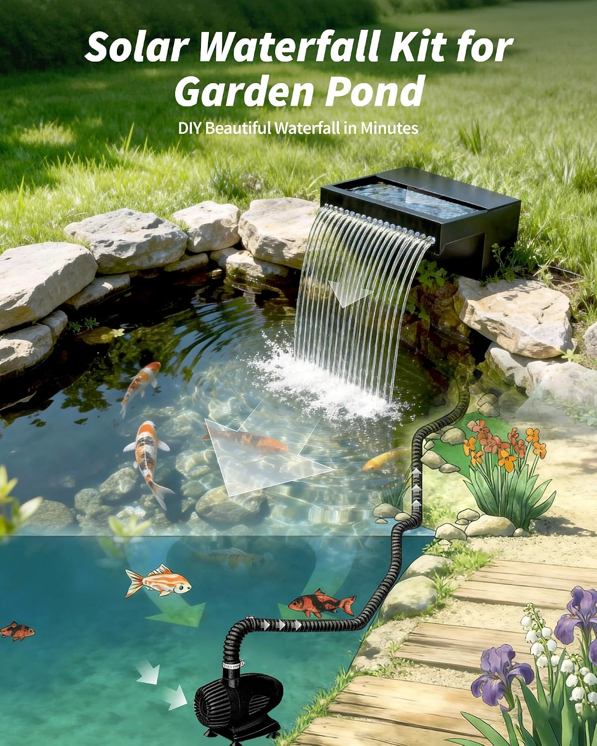 55W Solar Pond Waterfall Spillway with Fountain Pump, 304 Stainless Steel & Filtration System Pond Waterfall, 9.8FT Tubing for Koi Ponds, Garden Fountains & Landscape Water Features-P5552S - Image 9
