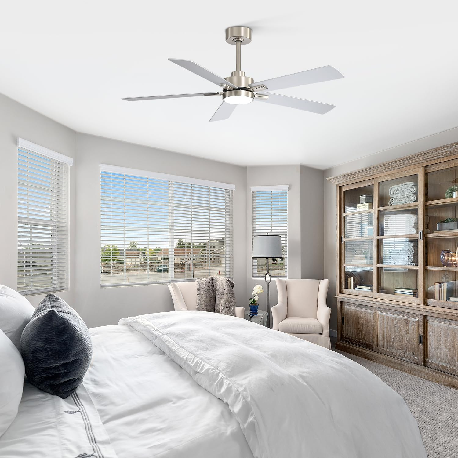 Ceiling Fans with LED Lights, 52 Inch 5-Blade Ceiling Fan Remote Control, Industrial Ceiling Fan with Reversible DC Motor, Downrod Mount LED Ceiling Light Chandelier for Bedroom (Satin Nickel) - Image 2