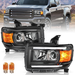 Headlights Assembly Fits for 2015-2022 GMC Canyon Projector Factory Style Headlamp Replacement Pair Front Lamps Black Housing Amber Reflector LH+RH Driver & Passenger Side W/Signal Bulbs