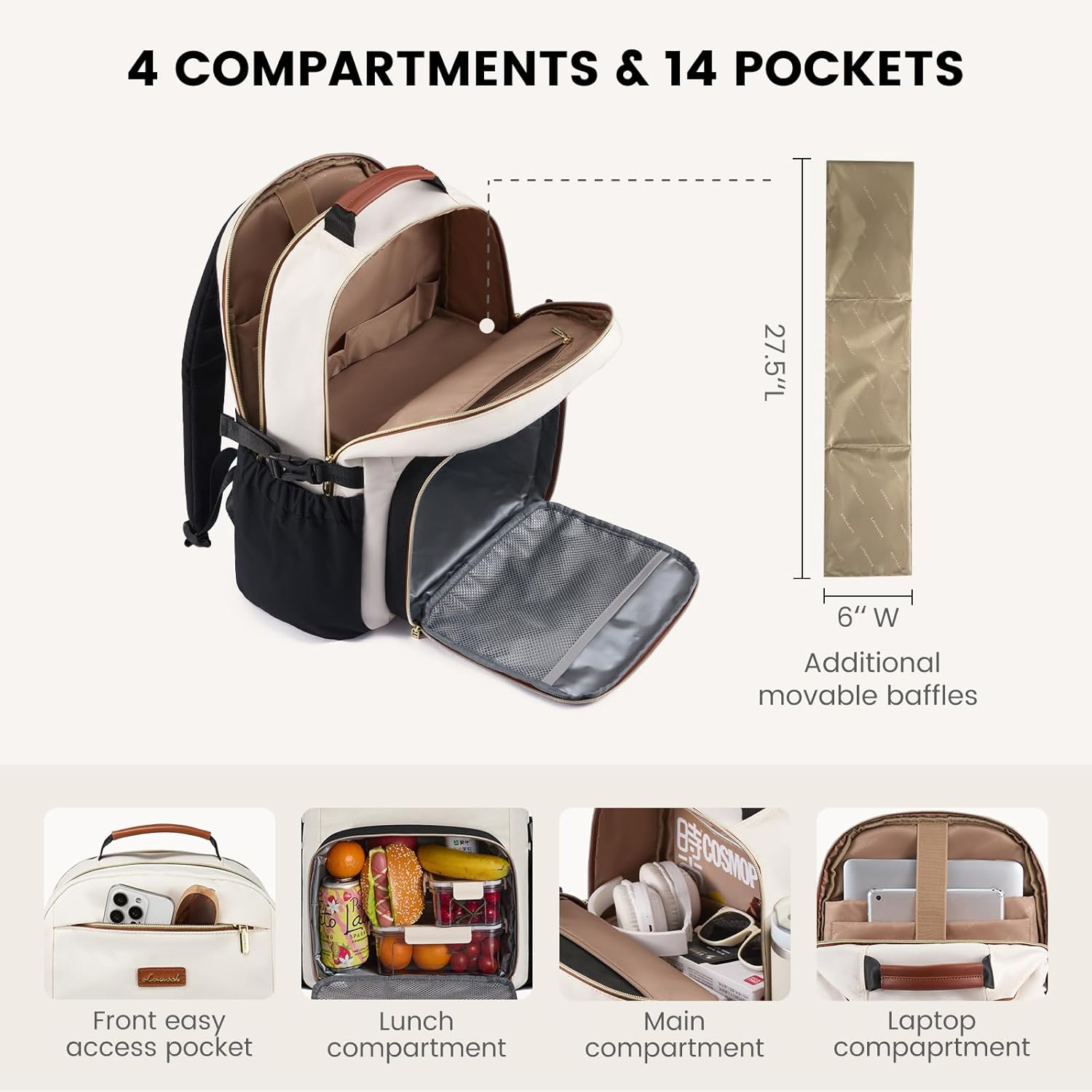 Lunch Backpack with Lunch Compartment,15.6Inch Laptop Work Travel Insulated Cooler Backpack,Waterproof College Teacher Lunch Bag Box with Tumbler Holder,Gifts for Men Women,Khaki-Coffee-Black - Image 4
