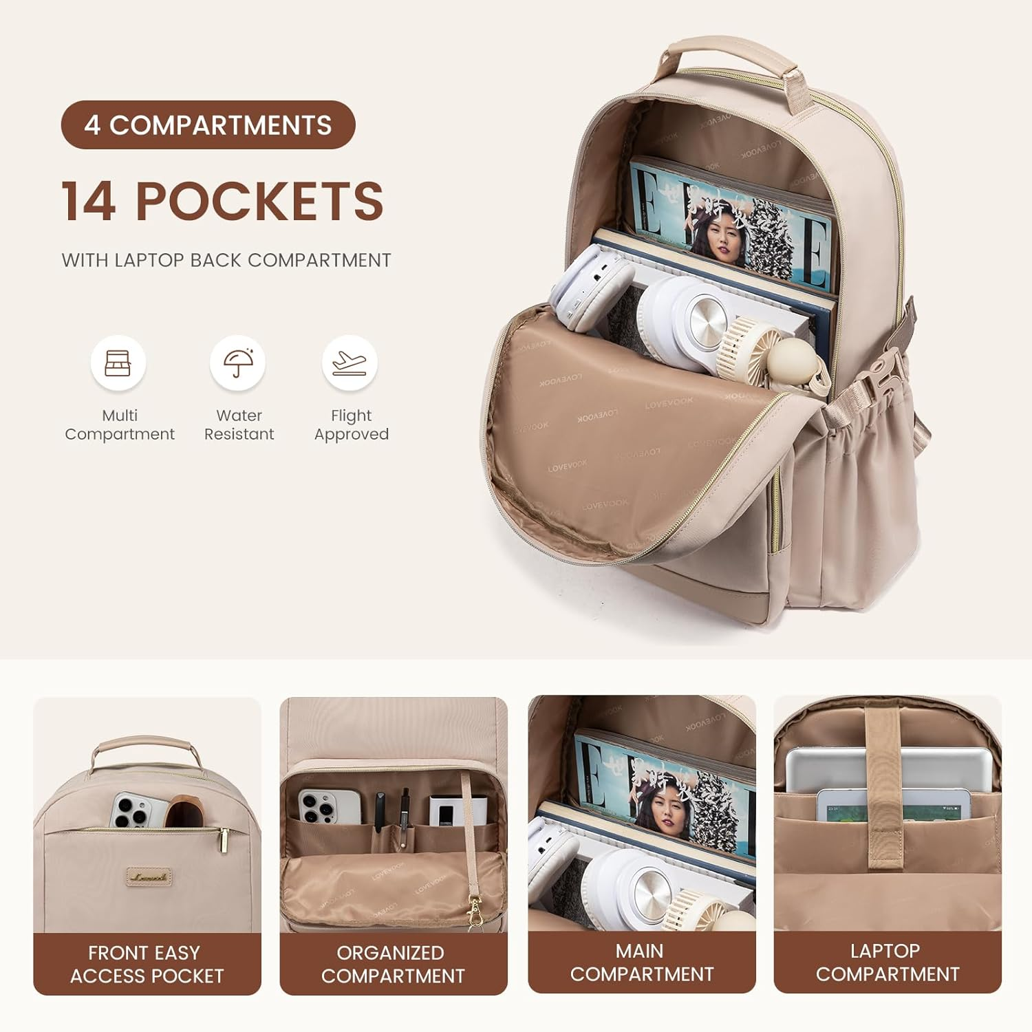 Laptop Backpack for Women with Pouch Pocket for Large Capacity Cup,15.6 Inch Laptop Computer Bag Travel Backpack Purse,Waterproof Work Business Backpack College Teacher Bags,Nude - Image 3