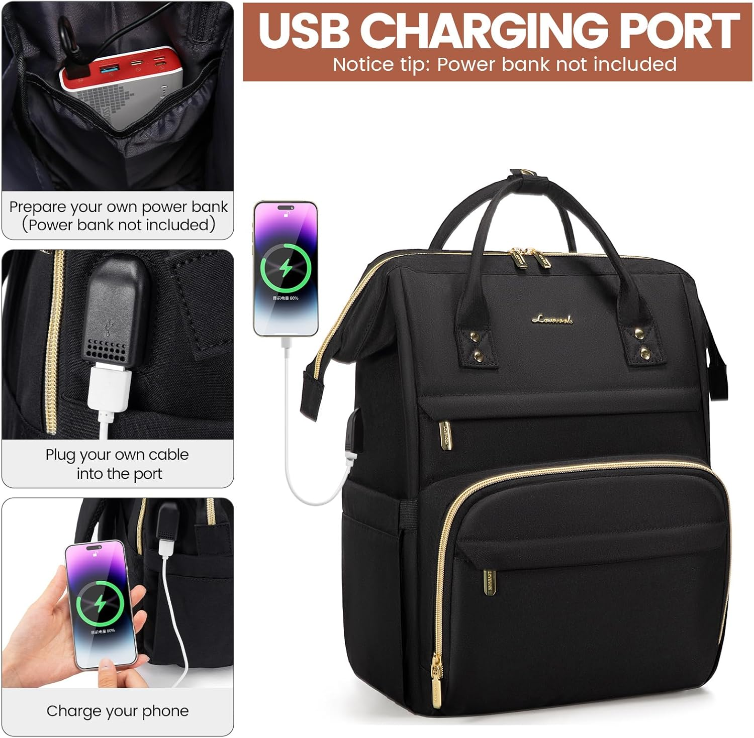 Laptop Backpack,15.6 Inch Professional Womens Purse Computer Bag Nurse Teacher Backpack,Waterproof College Work Bags Carry on Travel Back Pack with USB Port,Black - Image 3
