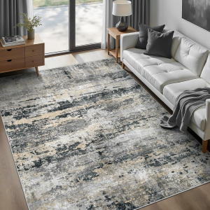 Area Rugs 6X9 for Living Room: Washable Rug Modern Abstract Neutral Soft Non-Slip Low-Pile Indoor Carpet for Bedroom Dining Room Playroom Home Office (Black Grey Brown, 6'X9')