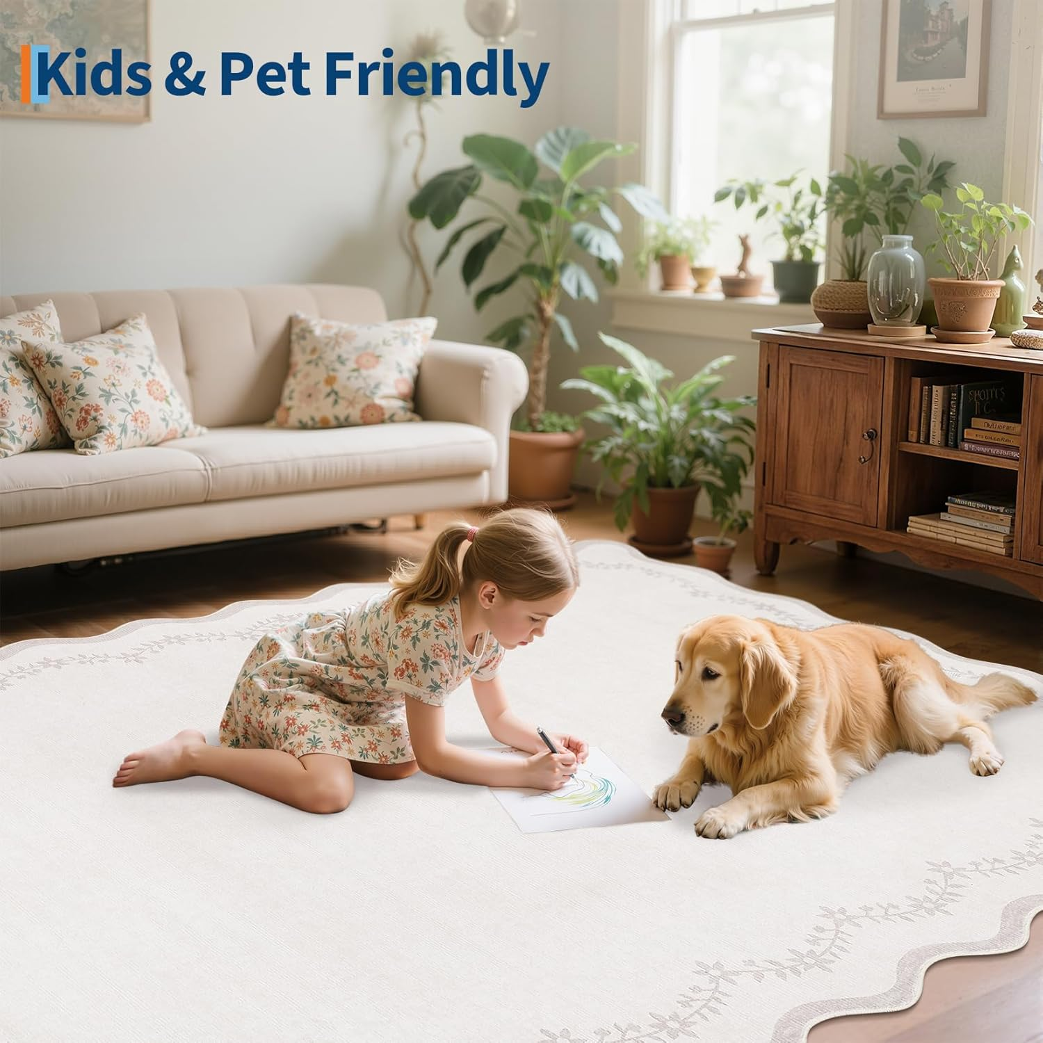 round Area Rugs 8Ft for Living Room, Large Solid Beige Washable Circle Rug Soft Non Slip Floral Print Floor Mat Carpet Indoor Thin Rug for Bedroom Dining Room Playroom Nursery - Image 7