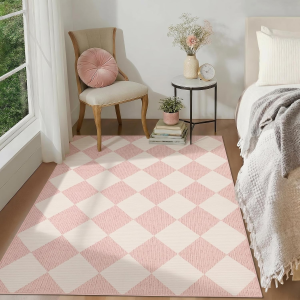 3X5 Checkered Rug for Girls Bedroom, Modern Geometric Plaid Non Slip Washable Entryway Rug Pink Neutral Carpet Classic Throw Mat for Bedside Kids Room Office Dining Room