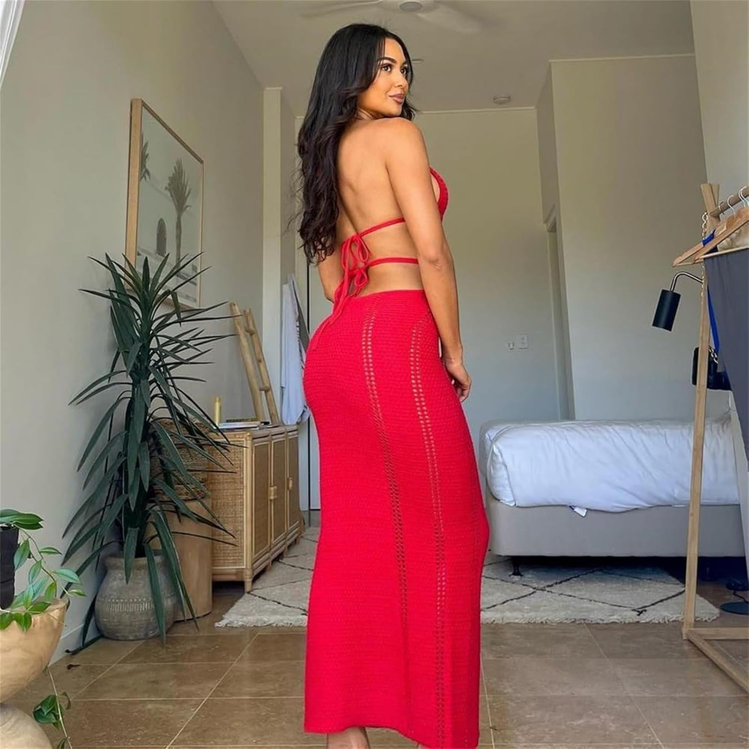 Women Sexy Crochet Maxi Dress Cut Out Halter V Neck Backless Knit Bodycon Long Dress Summer Beach Evening Party Dresses - Image 5